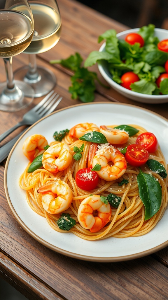 Delicious shrimp pasta with cherry tomatoes and spinach, garnished with parsley and Parmesan on a rustic table.